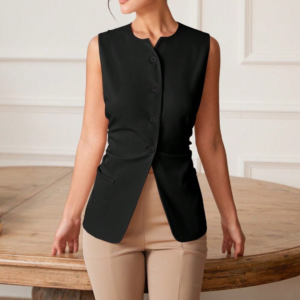 Black Elegant Women's Ladies' Solid Color Sleeveless Suit Vest - Picture 6 of 8